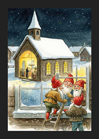Elves peer into a cozy church on a starry night-5