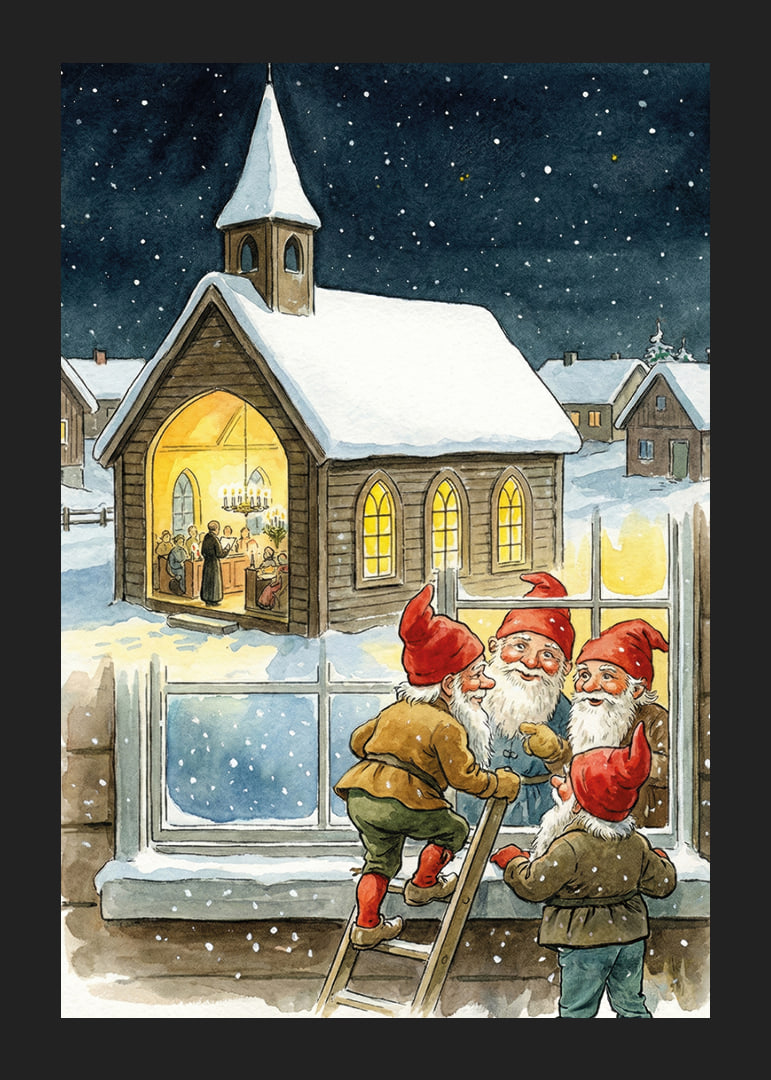 Elves peer into a cozy church on a starry night-12