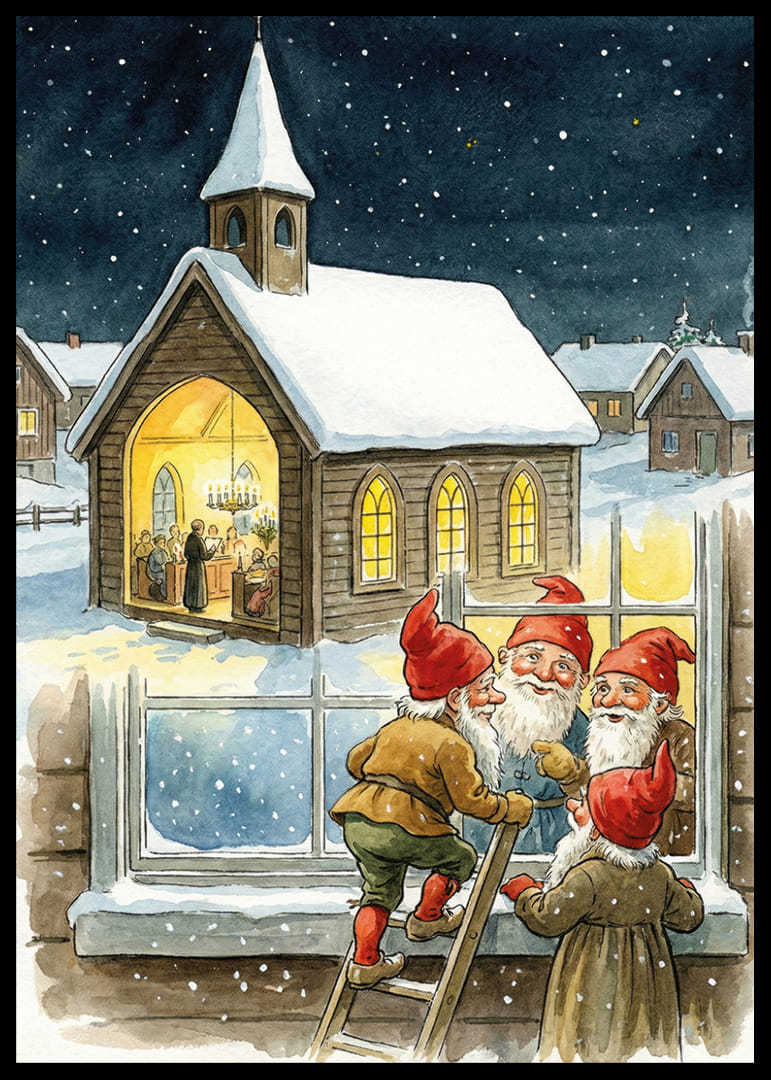 Elfen kijken op een sterrennacht in een gezellige kerk-12