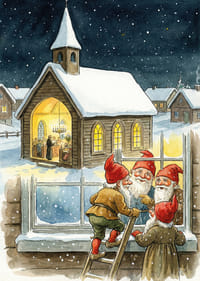 Elfen kijken op een sterrennacht in een gezellige kerk-3