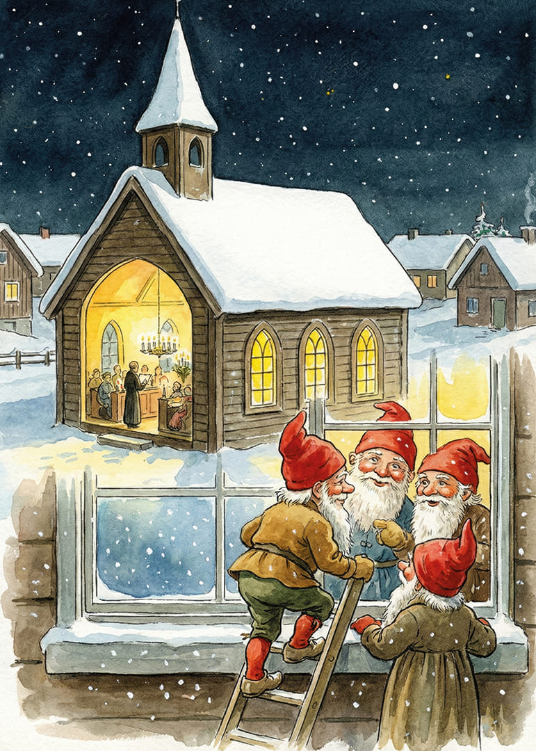 Elfen kijken op een sterrennacht in een gezellige kerk-12