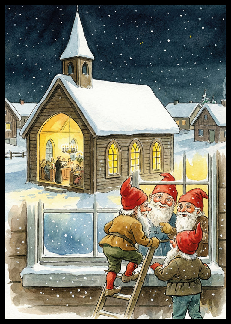 Elves peer into a cozy church on a starry night-12