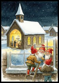 Tomtar blickar in i en mysig kyrka under en stjärnklar natt-2