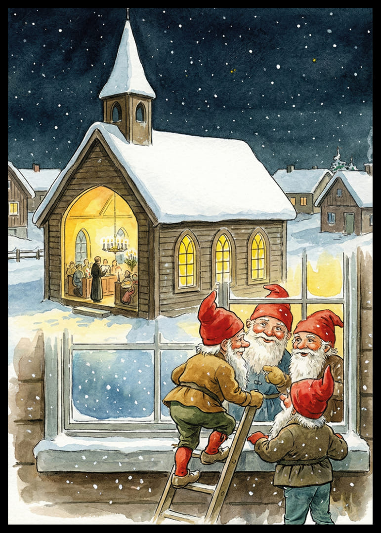 Tomtar blickar in i en mysig kyrka under en stjärnklar natt-12
