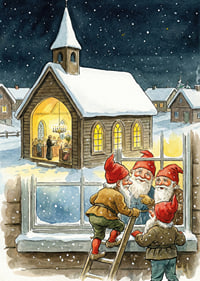 Elves peer into a cozy church on a starry night-7