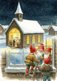 Tomtar blickar in i en mysig kyrka under en stjärnklar natt-3