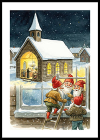 Elves peer into a cozy church on a starry night-0