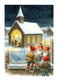 Elves peer into a cozy church on a starry night-1