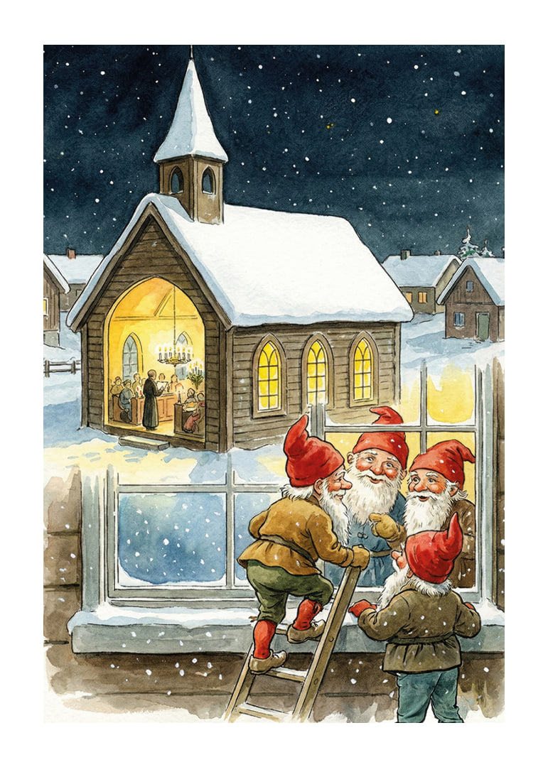 Elves peer into a cozy church on a starry night-12