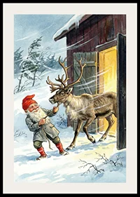 An elf and a reindeer in the golden glow of the winter sun-2
