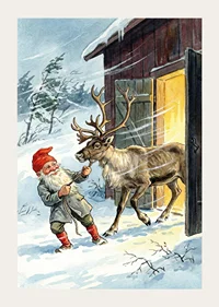 An elf and a reindeer in the golden glow of the winter sun-3