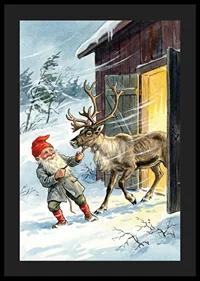 An elf and a reindeer in the golden glow of the winter sun-4