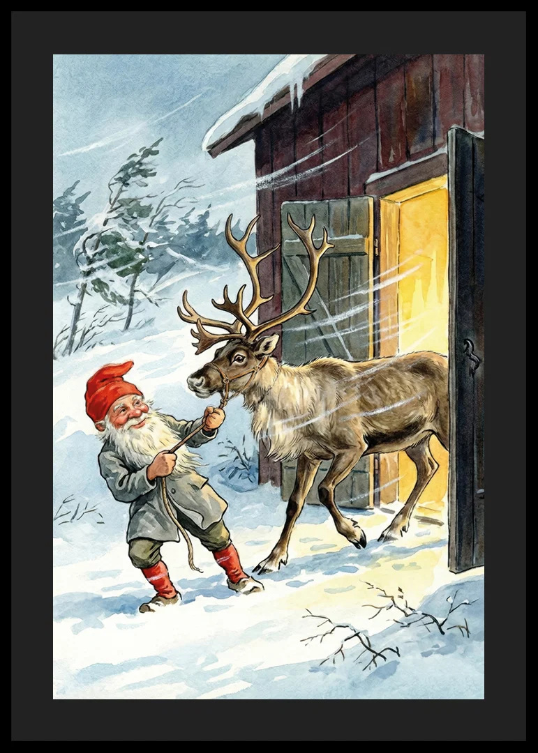 An elf and a reindeer in the golden glow of the winter sun-12