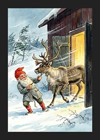 An elf and a reindeer in the golden glow of the winter sun-5
