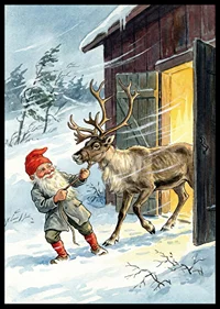 An elf and a reindeer in the golden glow of the winter sun-6