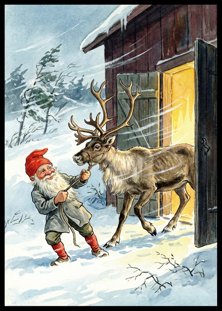 An elf and a reindeer in the golden glow of the winter sun-12