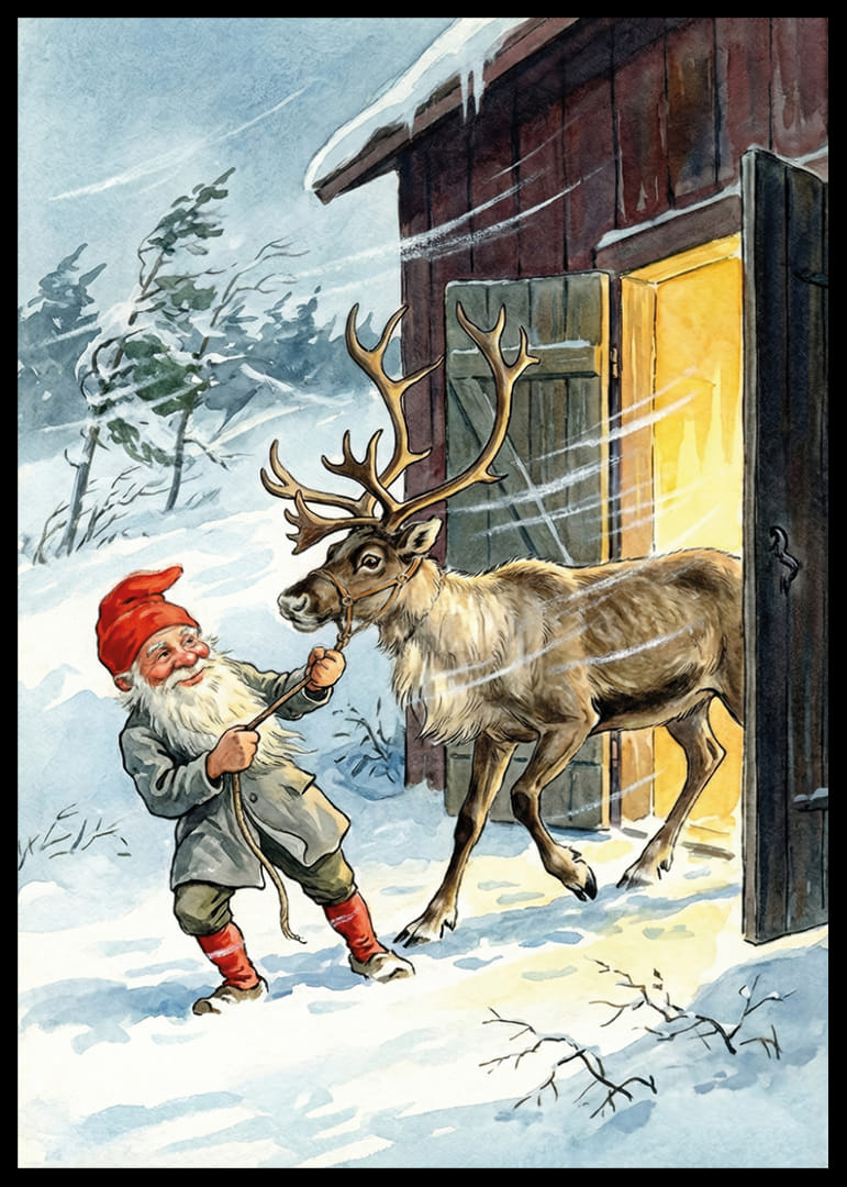 En tomte och en ren i vintersolens gyllene sken-12