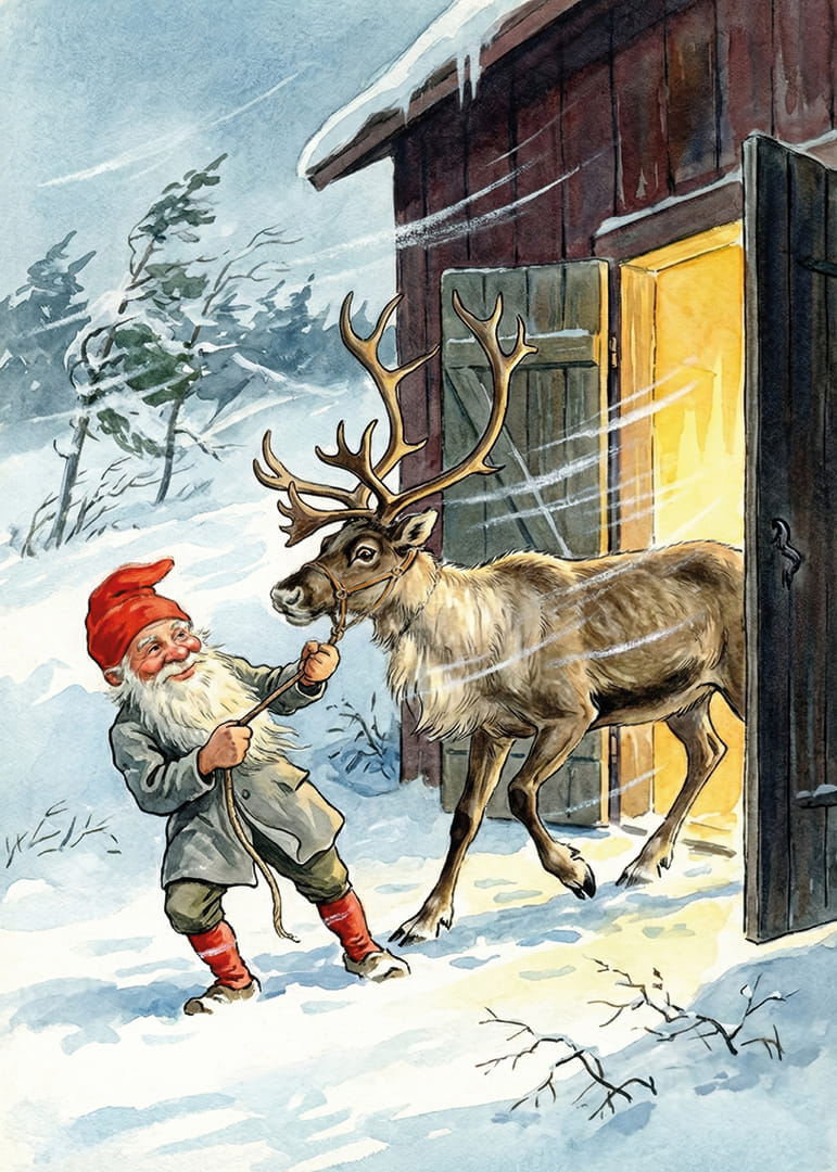 En tomte och en ren i vintersolens gyllene sken-12