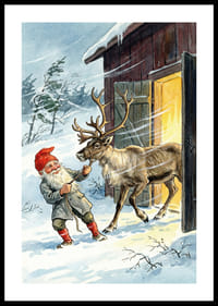 En tomte och en ren i vintersolens gyllene sken-0