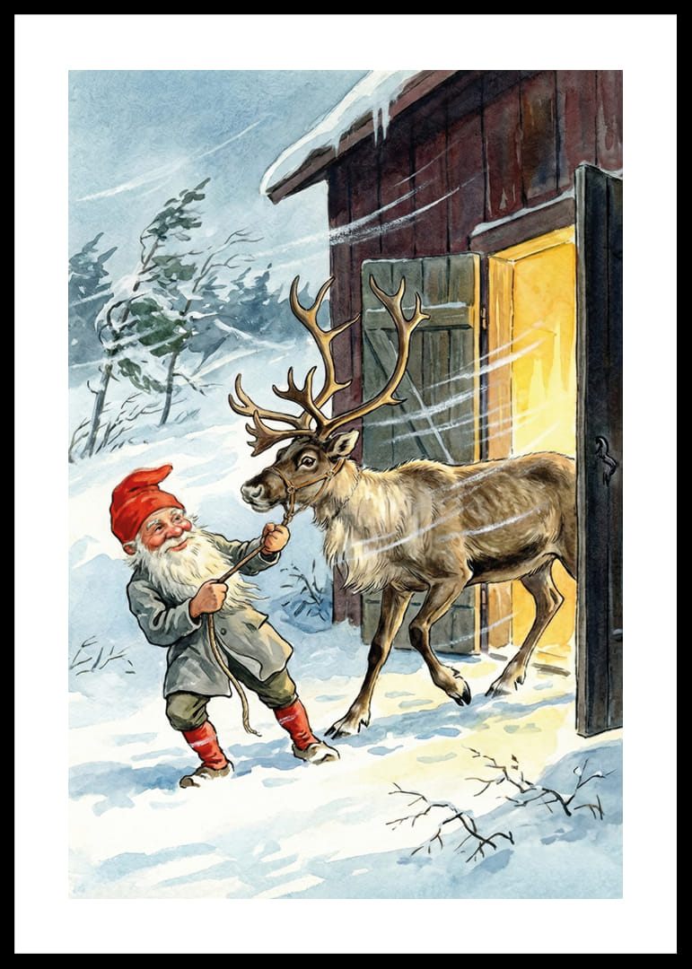 En tomte och en ren i vintersolens gyllene sken-12