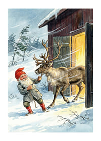 En tomte och en ren i vintersolens gyllene sken-1