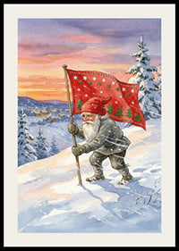 A Santa Claus with a flag against a colorful winter sky-2