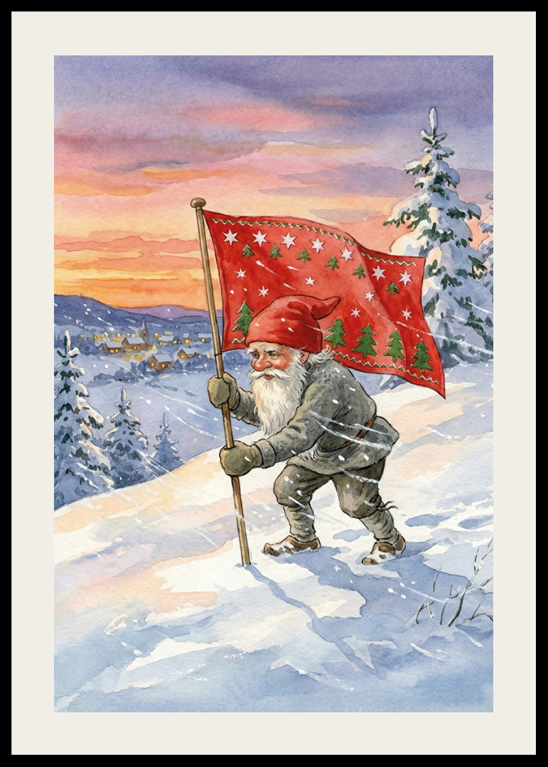 A Santa Claus with a flag against a colorful winter sky-12