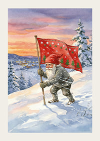 A Santa Claus with a flag against a colorful winter sky-3