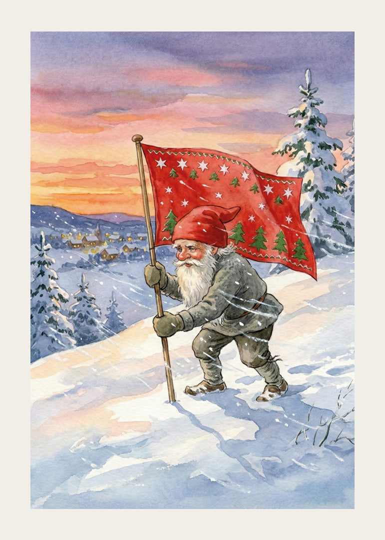 A Santa Claus with a flag against a colorful winter sky-12