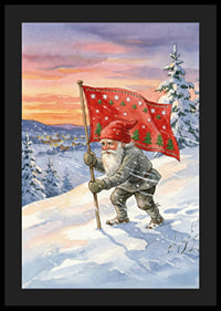 A Santa Claus with a flag against a colorful winter sky-4