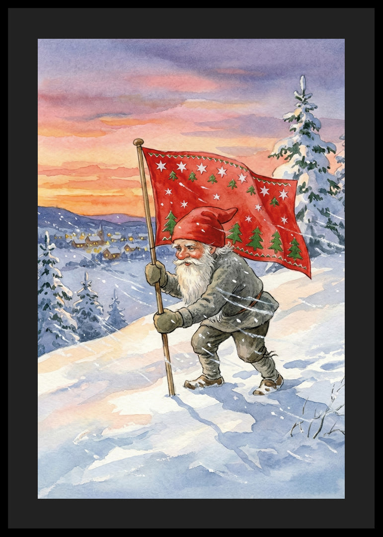 A Santa Claus with a flag against a colorful winter sky-12