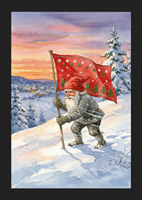 A Santa Claus with a flag against a colorful winter sky-5
