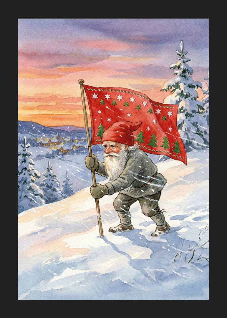 A Santa Claus with a flag against a colorful winter sky-12
