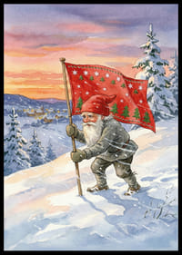 Een Kerstman met een vlag tegen een kleurrijke winterhemel-2