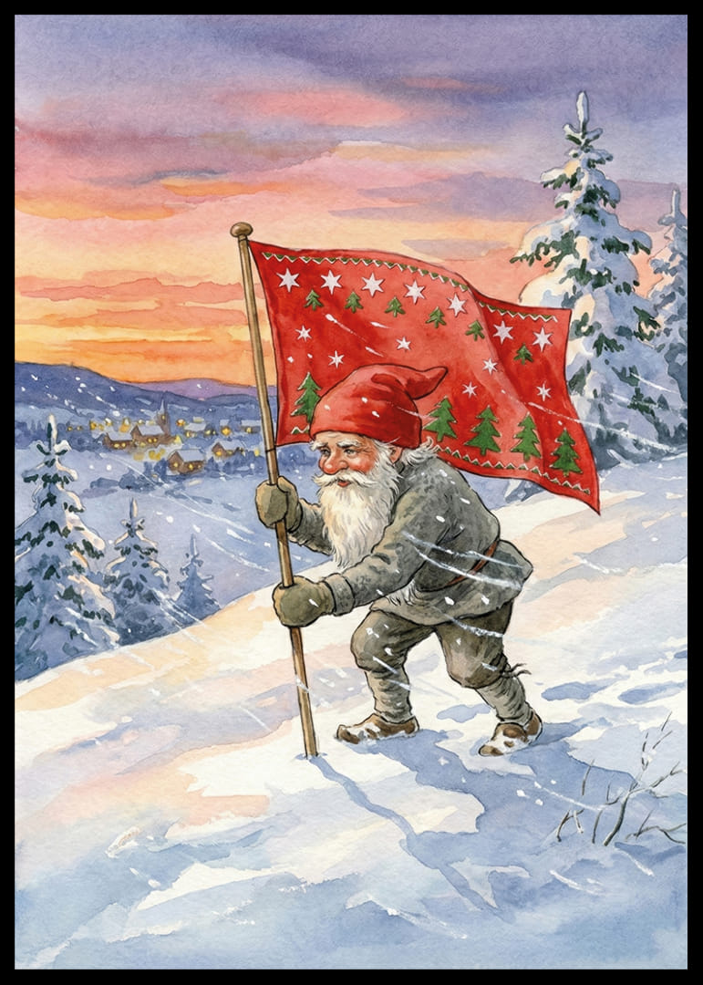 Een Kerstman met een vlag tegen een kleurrijke winterhemel-12