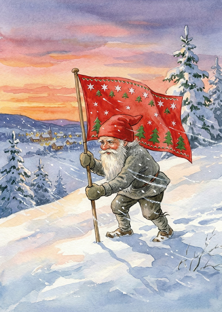 A Santa Claus with a flag against a colorful winter sky-12