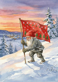 Een Kerstman met een vlag tegen een kleurrijke winterhemel-3