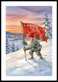A Santa Claus with a flag against a colorful winter sky-0