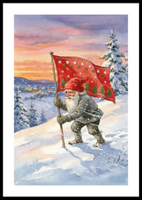 Een Kerstman met een vlag tegen een kleurrijke winterhemel-0