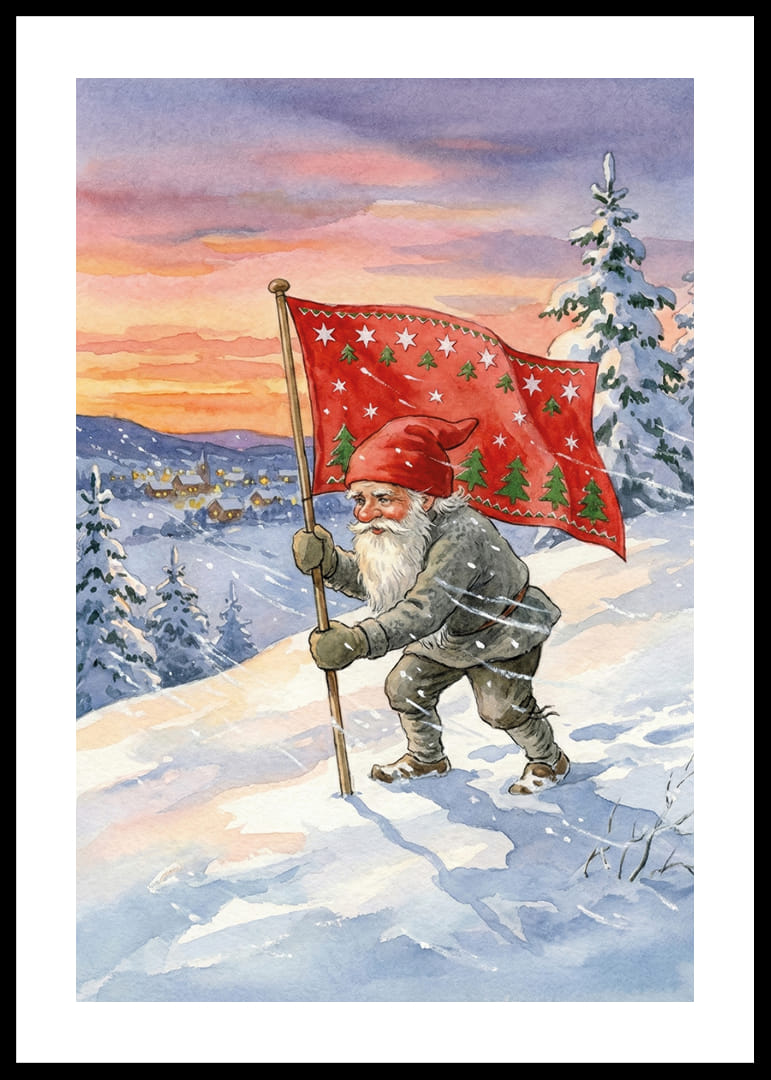 Een Kerstman met een vlag tegen een kleurrijke winterhemel-12