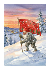 A Santa Claus with a flag against a colorful winter sky-1