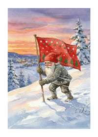 Een Kerstman met een vlag tegen een kleurrijke winterhemel-1