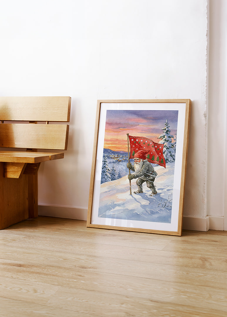 A Santa Claus with a flag against a colorful winter sky-12