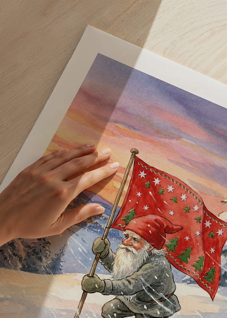 Een Kerstman met een vlag tegen een kleurrijke winterhemel-12