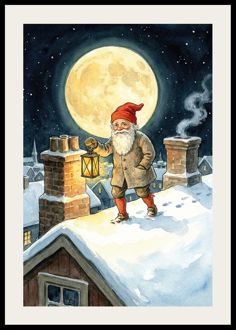 Een Kerstman verlicht de nacht met zijn lantaarn onder een volle maan-12