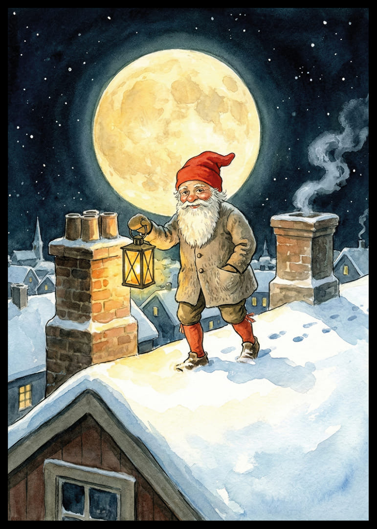 Een Kerstman verlicht de nacht met zijn lantaarn onder een volle maan-12