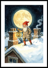 Een Kerstman verlicht de nacht met zijn lantaarn onder een volle maan-0