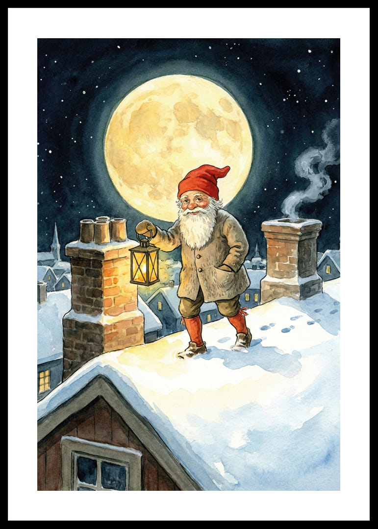 Een Kerstman verlicht de nacht met zijn lantaarn onder een volle maan-12