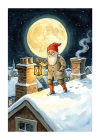 Een Kerstman verlicht de nacht met zijn lantaarn onder een volle maan-1