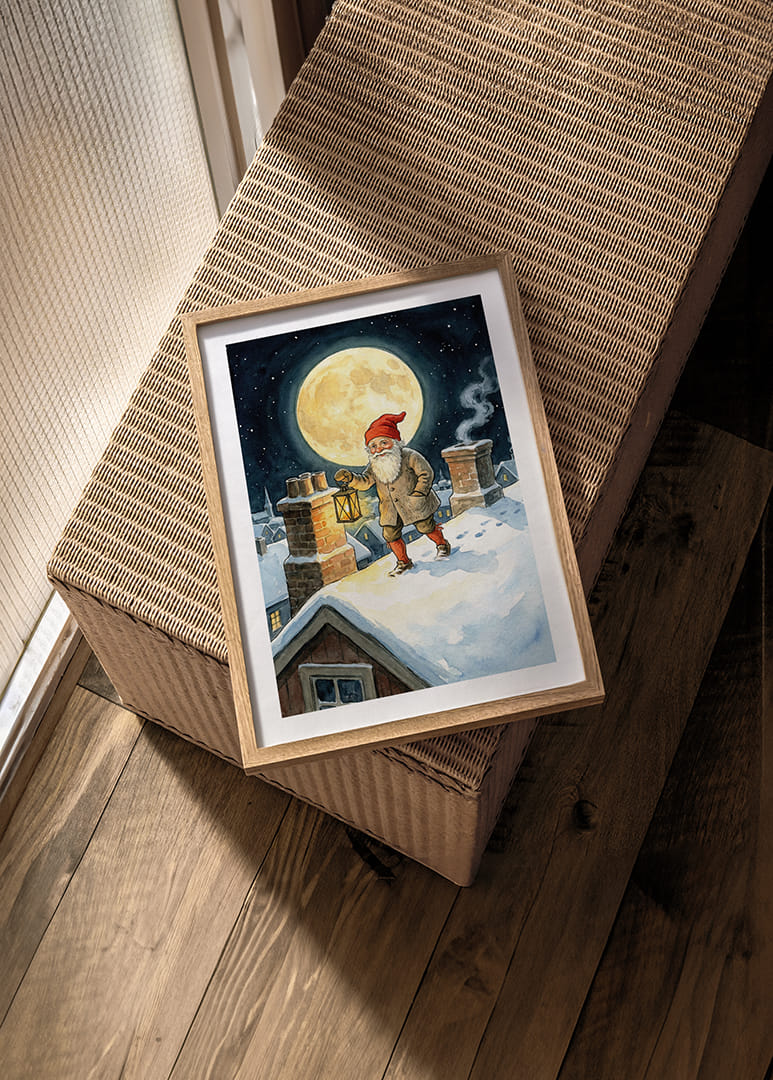 Een Kerstman verlicht de nacht met zijn lantaarn onder een volle maan-12